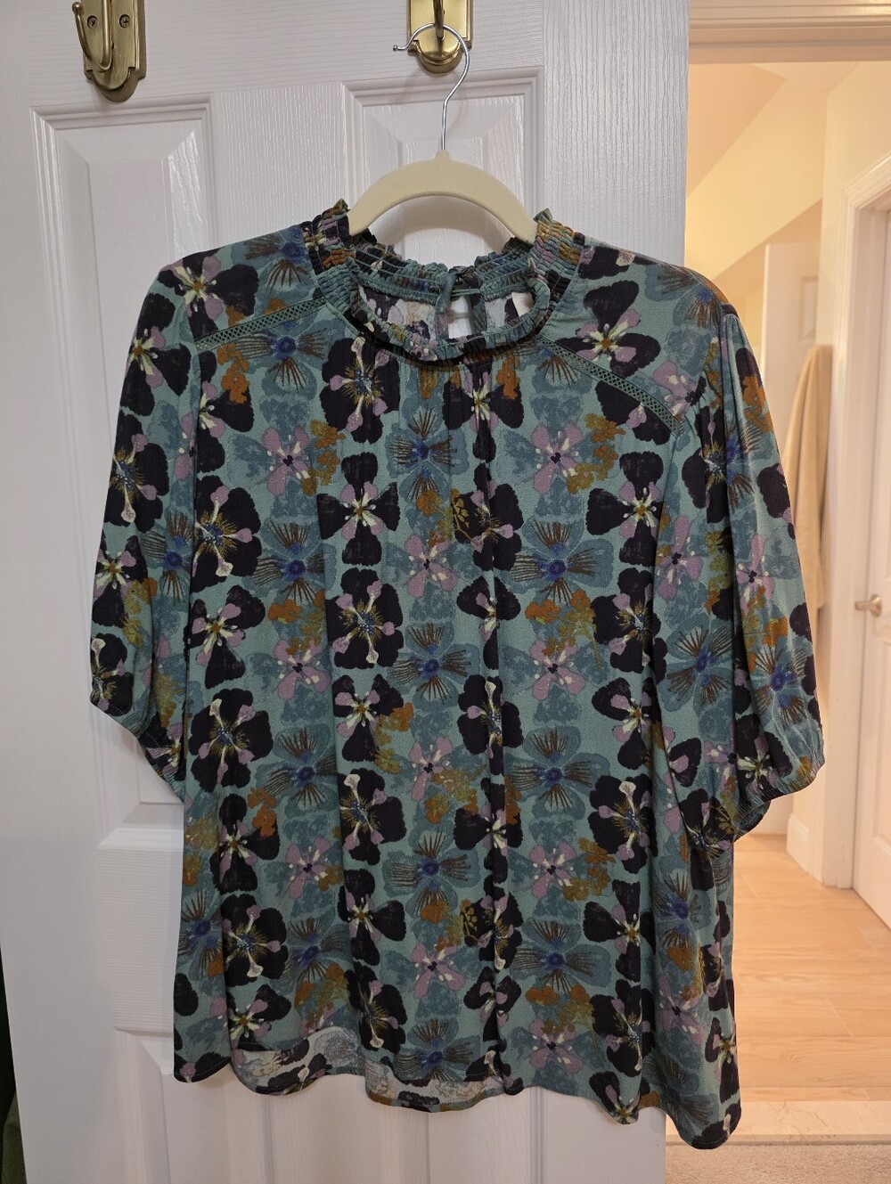 Knox Rose Teal Floral Ruffle-Neck Blouse with Black Accents
